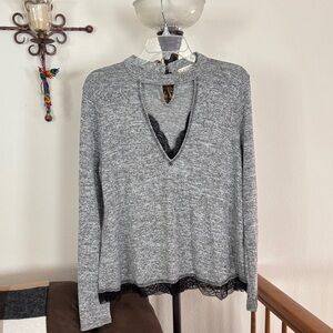 Altar'd State Gray Long Sleeve Top with Black Lace Trim